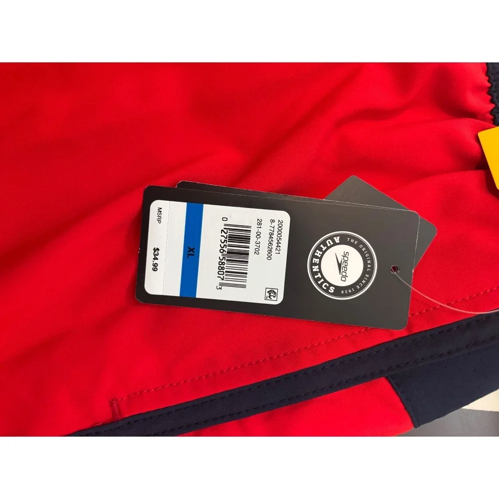 588 Speedo Men Eco Comfort Stretch Swim Trunks Red Navy Blue 16in Outseam XL NEW